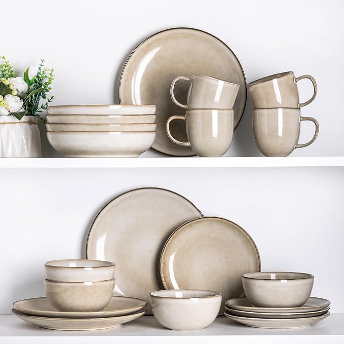 GBHOME Dinnerware Sets for 6, 24 Pieces Ceramic Plates and Bowls Set | Scratch Resistant Stoneware Dishes Set, Dishwasher & Microwave Safe, Reactive Glaze-Cappuccino
