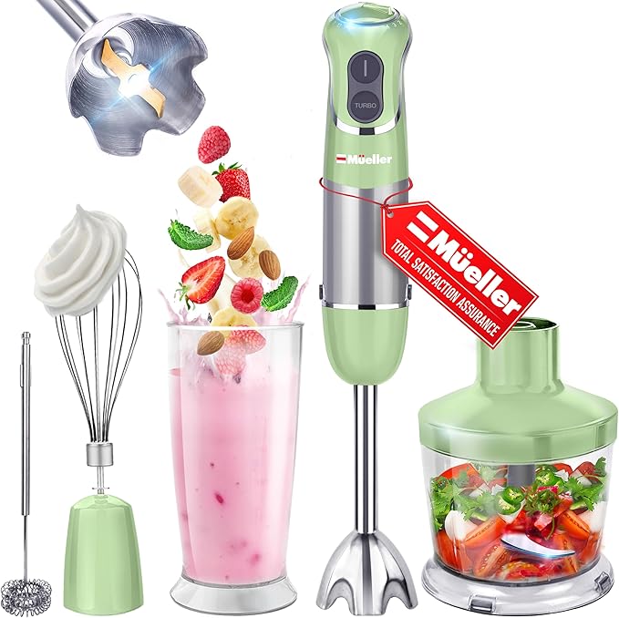 Mueller Multistick 5-in-1 Immersion Blender Handheld, 12-Speed Hand Mixer | Turbo Boost, Heaviest Duty Copper Motor, Titanium Blades Hand Blender, Milk Frother Wand, Whisk, Beaker, Chopper, Green