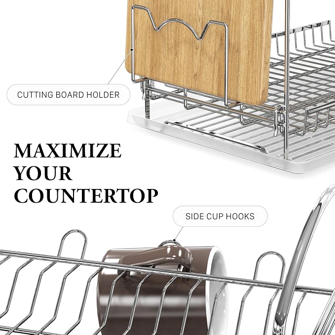 Simple Houseware 2-Tier Stainless Steel Dish Rack with Drainboard, Chrome