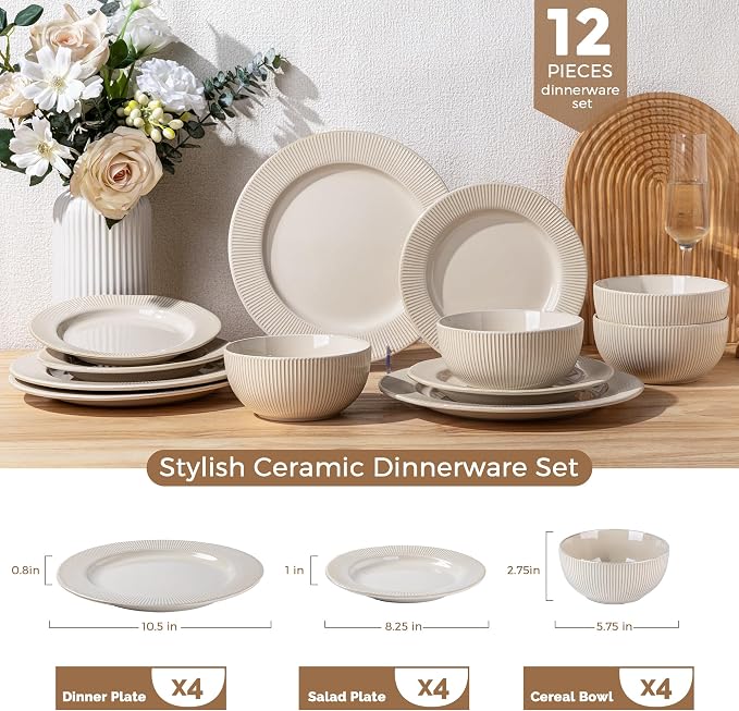 GBHOME Ceramic Dinnerware Sets of 4,12 pcs Plates and Bowls Sets Dishes | Embossed Elegant Stoneware Dishes Set | Dishwasher & Microwave Safe | Service for 4