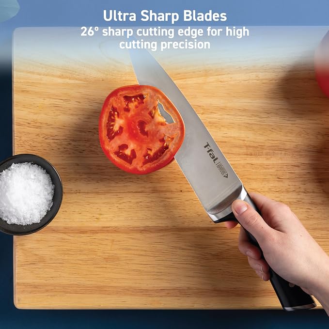 T-Fal Ice Force Kitchen Knife Set, 3-Piece, German Stainless Steel | X50CrMoV15 steel, Ice hardening up to 1800F/-250F, 26-degree cutting edge, Ergonomic finger guard handle, Hand wash only