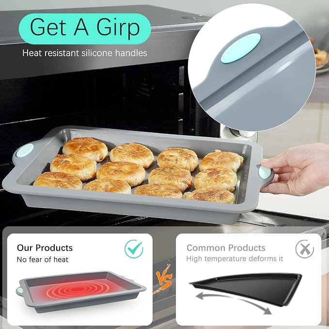 Silicone Baking Pans Set, 4 Pieces Nonstick Bakeware Set with Baking Pans, Baking Sheets, Cookie Sheets, Cake Pan with Metal Reinforced Frame More Strength, Light Grey