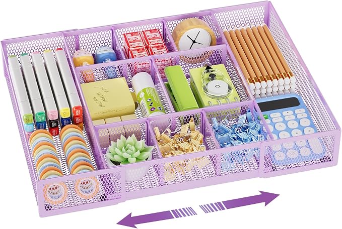 Marbrasse Expandable Desk Drawer Organizer, Mesh Drawer Organizer Tray with 10 Adjustable Compartments, Desk Organizers and Accessories for Office Supplies, Makeup & Vanity (Expandable-Purple)