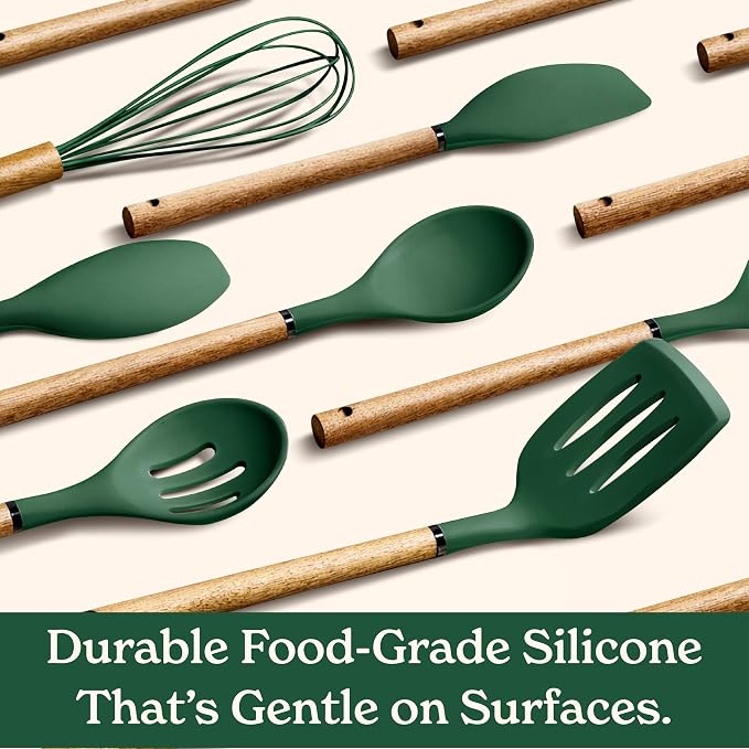 Country Kitchen Non Stick Silicone Utensil Set with Rounded Wood Handles for Cooking and Baking, 8 Piece Set, Green