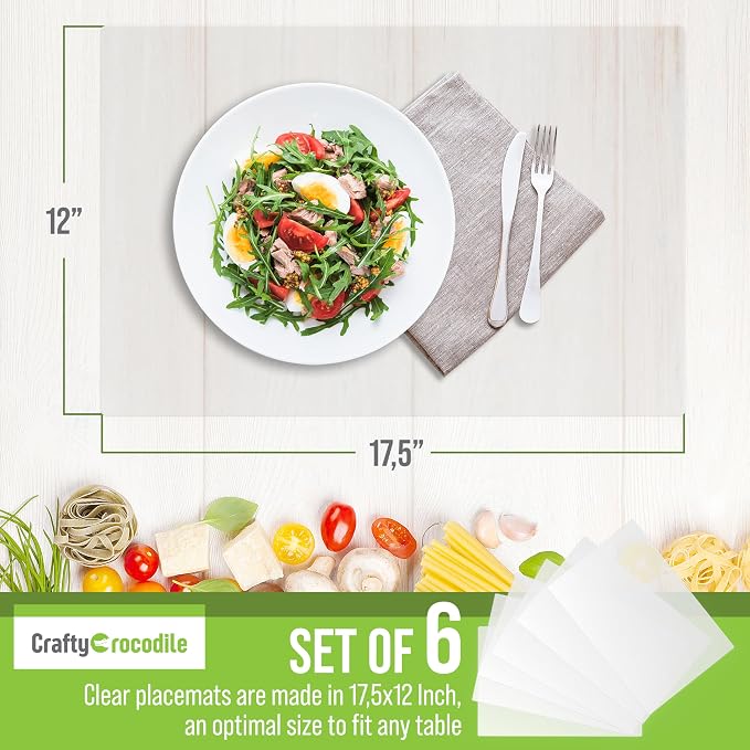 CraftyCrocodile Clear Plastic Placemats Set of 6 - Vinyl Table Protector for Dining, Kitchen, Office, Painting Table, Shelves - Heat Resistant, Crystal Clear, Wipeable Place Mats - 17.5 x 12
