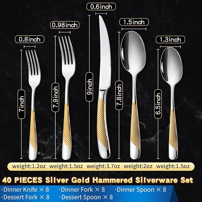 40-Piece Hammered Silver Gold Silverware Set for 8,18/10 Stainless Steel Flatware Set with Serrated Forged Knives,Heavy Duty Cutlery Set for Home & Party,Mirror Polished, Dishwasher Safe
