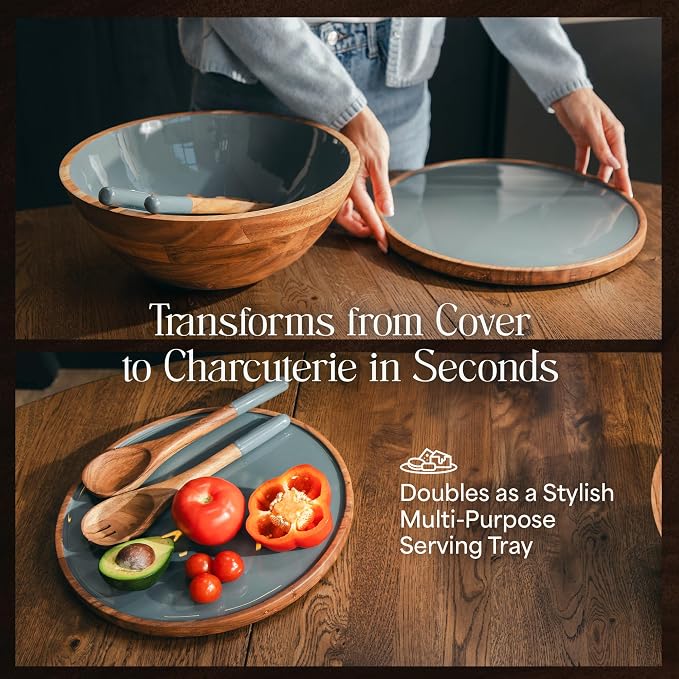 Large Wooden Salad Bowl Set 12.5 Inch with Serving Utensils, Tray Lid and Carry Strap. Acacia Wood Large Salad Bowls Ideal for Fruits and Dishes, Wooden Bowls for Food, Serving and Fruit Bowl