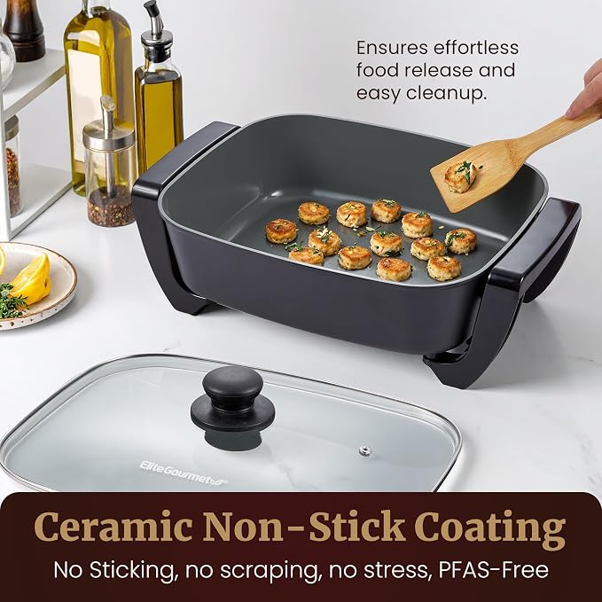 Elite Gourmet Ceralast Ceramic Electric Skillet, 12.5Qt, Black/Gray | Xtra-Deep 4" Dish, 15"x12" PFAS-Free Surface, 1500W Rapid Heat-Up, Tempered Glass Vented Lid, Dishwasher-Safe
