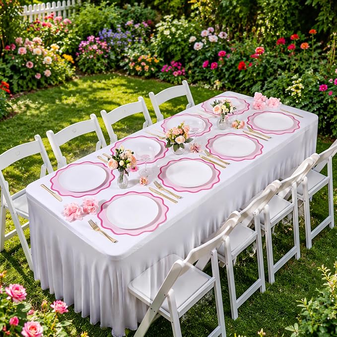 50 Pcs Pink Scalloped Paper Placemats, Disposable Wavy Edge Table Mats | 13.7 Inch Round, Italian Summer Place Mats for Wedding Baby Shower Birthday Tea Party Bridal Shower Table Decor