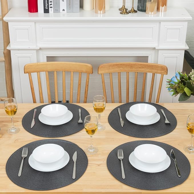 Winknowl Round Braided Placemats Set of 4 Washable Woven Heat Resistant Table Mats for Kitchen Dining Tables 15 inch Round Place Mats (Dark Gray,4pcs)