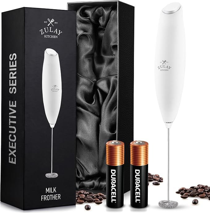 Zulay Milk Frother Wand – Handheld Electric Coffee Frother, Battery Operated Drink Mixer – 13,000 RPM Titanium Motor, Detachable Whisk, Easy Clean Foam Maker for Latte & Matcha – Executive White