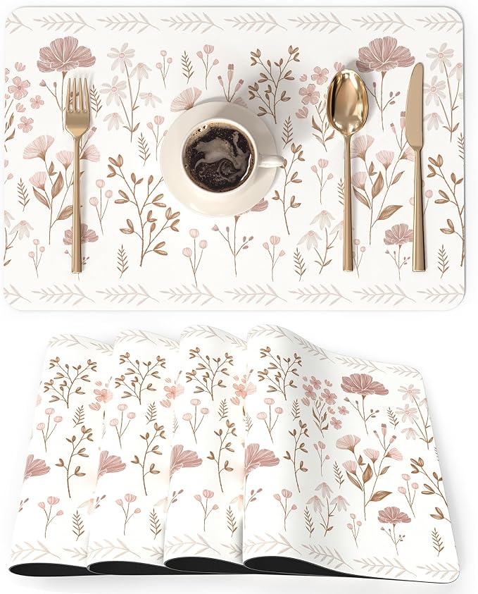 QIYI PU Leather Placemats Set of 6, 12"x18" Waterproof Table Mats, Blush | Faux Leather, Heat Resistant, Anti Slip, Wipeable Place Mats for Kitchen Dinning, Party Table Décor, Pink Flowers