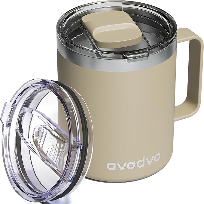 12oz Insulated Coffee Mug with Lid – Includes Two Lids, Stainless Steel Coffee Travel Mug with Handle, Double Wall Vacuum Insulated Camping Mug for Home, Office & Outdoor, Brown