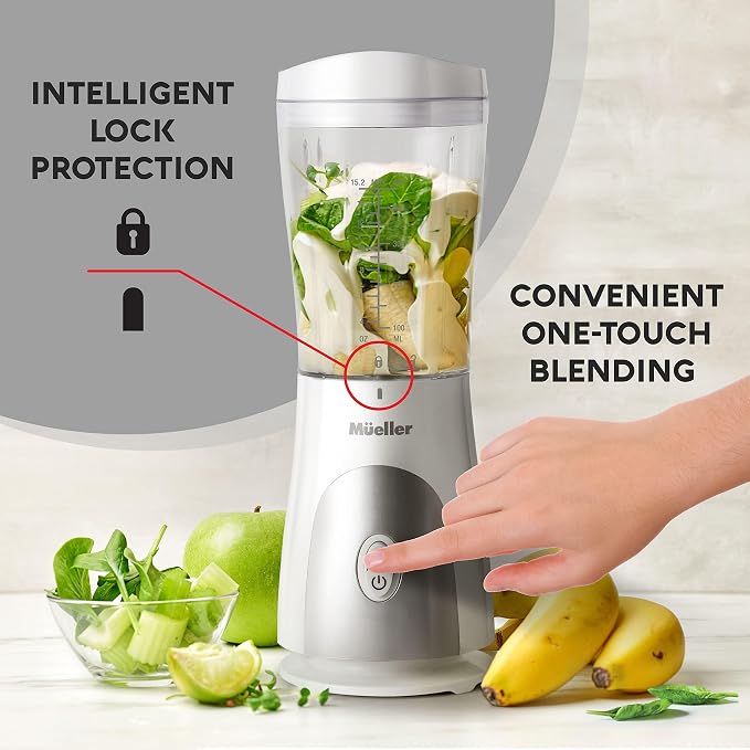 Mueller Heavy-Duty Personal Blender for Shakes and Smoothies with a 15 Oz Travel Cup and Lid, Juices, Baby Food, Portable Blender & Food Processor, White