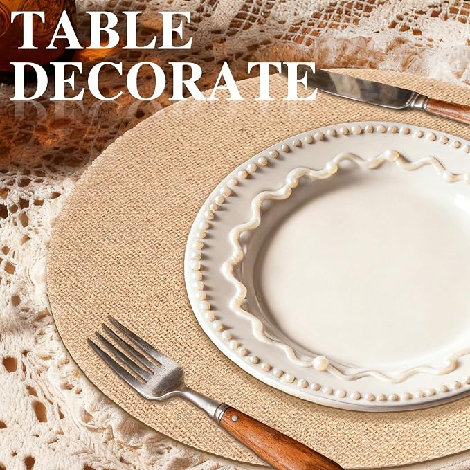 12 Pcs Round Burlap Placemats Bulk 11.8 Inch Reusable Jute Placemats, Rustic Round Charger Plates Bulk for Wedding Dinner Party Table Decorations