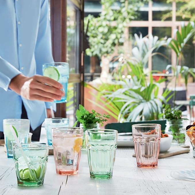 Bormioli Rocco Rock Bar 12.5 oz. Long Drink Stackable Tempered Beverage Glasses for Cold Drinks, Water, and Cocktails, Set of 6, Peach