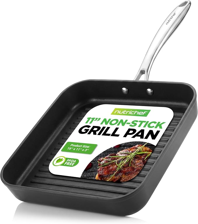 NutriChef 11" Non-Stick Grill Pan for Indoor Cooking - Hard Anodized Grill Pan for Stove Tops with High Ridges, Strong Handles, Dishwasher Safe