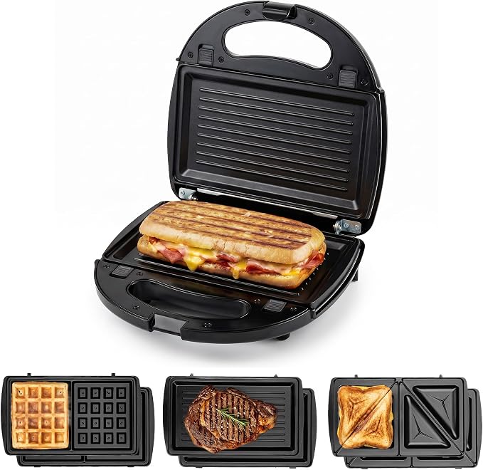 OVENTE Electric Sandwich, Panini and Waffle Maker Set, Black GPI202B | 3 Removable Non-Stick Plates, 750 Watts, Perfect for Grilled Cheese, Tuna Melts, Burgers, Steaks and Snacks