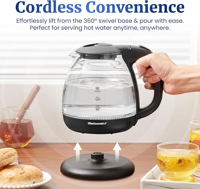 Elite Gourmet EKT1001 1.0L Glass Kettle, 1100W, Cordless Base, Black | BPA-Free Glass, Blue LED Interior, 360° Base, Auto Shut-Off Function, Quickly Boil Water for Tea & More