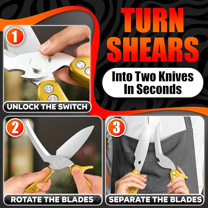 Kitchen Shears Heavy Duty, Safety Lock, Stainless Steel (Gold) | Poultry Shears for Chicken, Turkey, Spatchcock, Fish; Bone Cutting Scissors, Micro-Serrated, Spring-Loaded, Separate to Clean