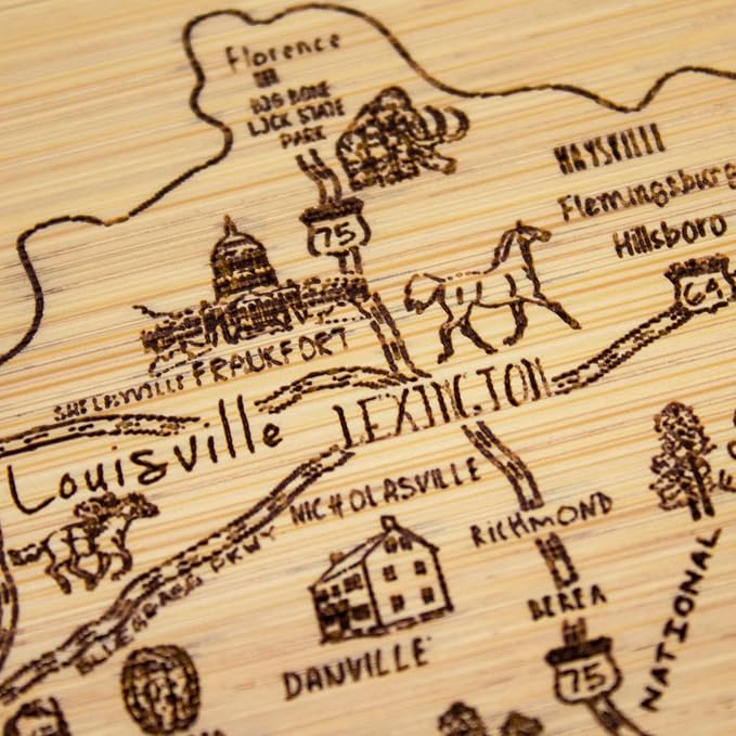 Totally Bamboo A Slice of Life Kentucky Engraved Map Cutting Board | 11” x 8.75” charcuterie board with engraved state map artwork. Smooth reverse side for food prep. Hang tie for wall display.