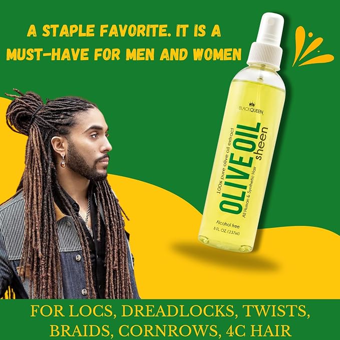 Black Queen® Olive Oil Moisturizing Spray for Locs, Braids, 4C Hair & Twists – Lightweight Hair Oil for Protective Styles – Shine, Frizz Control, Non-Greasy & Flake-Free – Made in USA – 8 oz