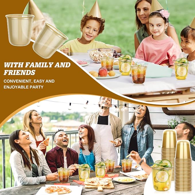 KesaPlan 50Pcs 12oz Gold Plastic Party Cups, Disposable Wine Cocktail Cups | Cute Crystal Wine Stemless Glasses, Round Bottom PET Cold Drink Cups for Graduation Wedding Birthday New Year Meeting Party