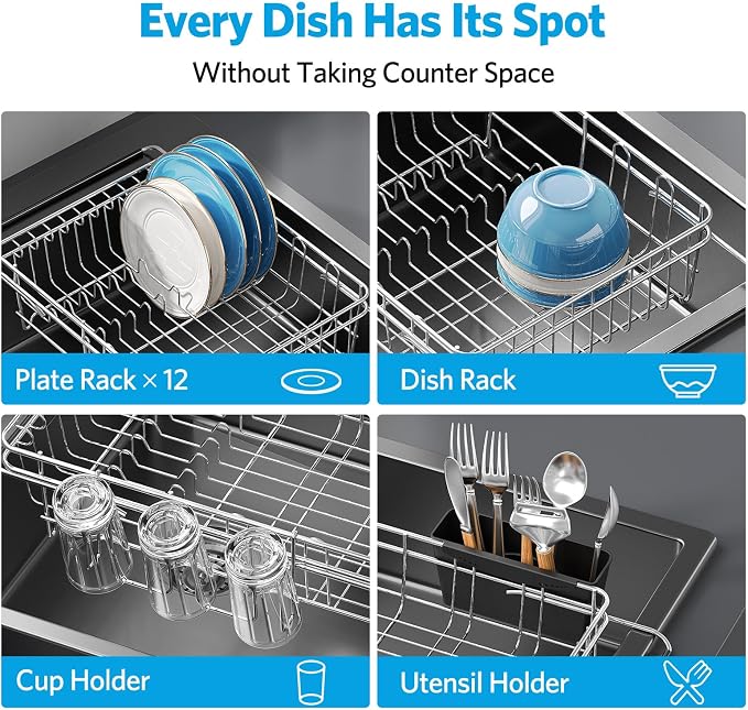 Delamu Over The Sink Dish Drying Rack for Small Kitchen | Expandable Stainless Steel in Sink Dish Drainer, Dish Rack for Kitchen Inside Sink with Utensil Holder, Rustproof, Medium