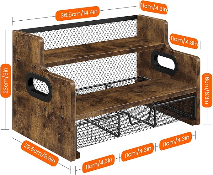 Coffee Syrup Rack Organizer, 3-Tier 8 Bottles Syrup Holder Stand with 35 K Cup Storage Basket Drawer for Coffee Bar, Wood Liquor Shelf Wine Rack Countertop for Home, Rustic Brown