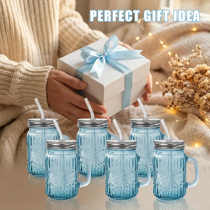DaYammi Mason Jars with Lids and Straws (Blue, 16, ounces)