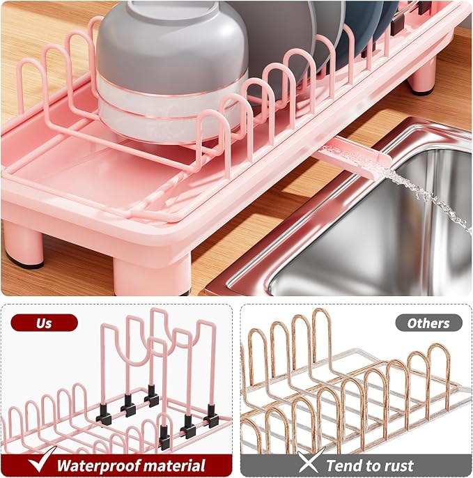 Small Dish Drying Rack, Stainless Steel with Drain Board & Utensil Holder | Anti-Scratch Base, Space Saving Design for Kitchen Counter, Pink