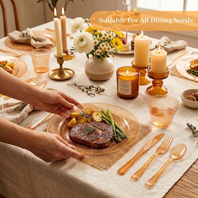 DaYammi 210PCS Orange Glitter Plastic Dinnerware Set for 30 Guests, Fancy Disposable Plates for Party, Include: 30 Dinner Plates, 30 Dessert Plates, 30 Pre Rolled Napkins with Silverware, 30 Cups