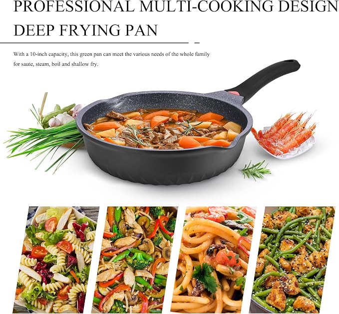 Vinchef 11 Inch/5QT Durable Deep Nonstick Skillet with Lid, Black | deep frying pan,heat indicator.Anti-scratch, anti-stain, induction-compatible, easy clean, ideal for sautéing & frying.
