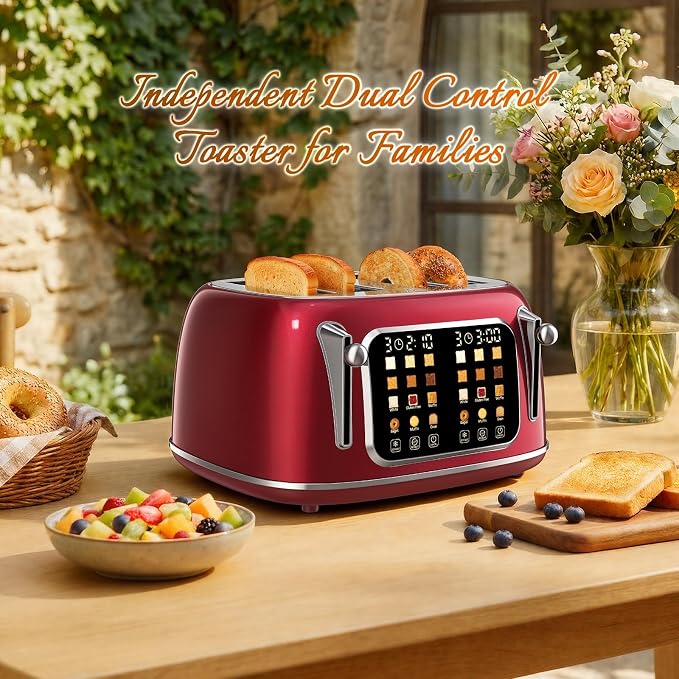 Mecity Toaster 4 Slice, Touch Screen Wide Slot Retro Toaster For Breads Bagel Muffin Waffle, House Warming Gift New Home, 120V 1650W, Red Pearl