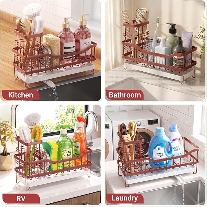 Sink Caddy, Sponge Holder for Kitchen Sink, Brown | Self-draining Sink Organizer with Removable Brush Holder, Metal Sponge Rack for Countertop, Fits Soap Dispenser & Scrubber