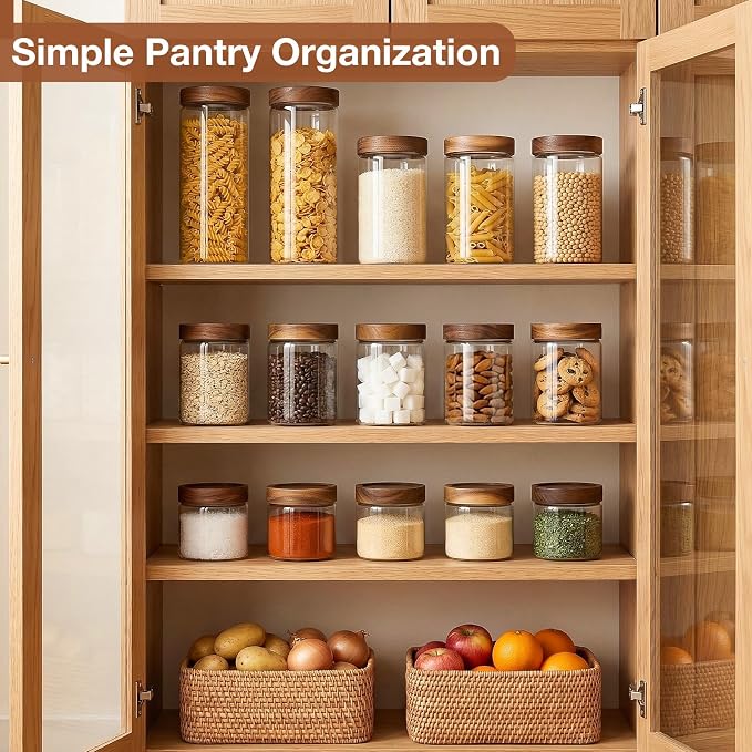 CONNOO 2-Pack 50oz Glass Storage Containers with Wood Lids | Pantry Organizers with Wooden Lids, Store Short Pasta, Flour & Dry Foods, Includes 120 Waterproof Labels for a Neat Kitchen