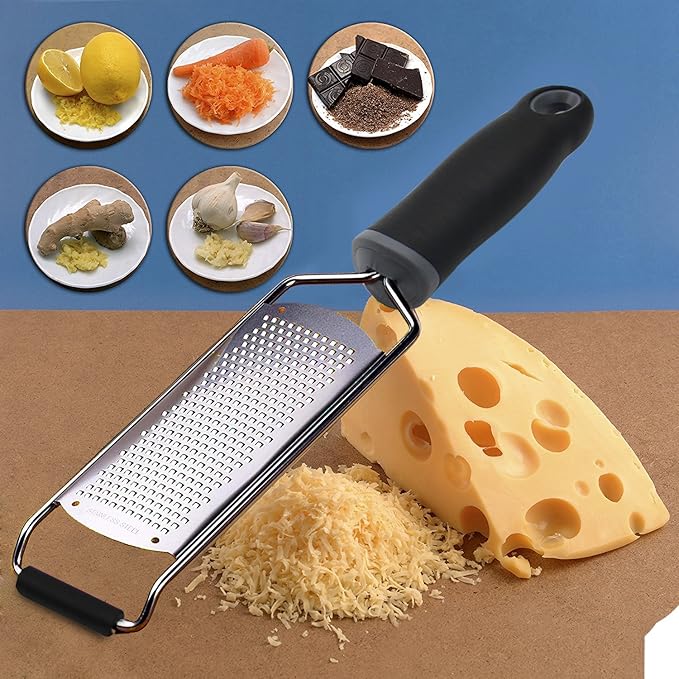 Wide Lemon Zester & Cheese Grater, 18/8 Stainless Steel with Cover, Black | Extra-wide Fine Grating Surface for Citrus, Parmesan, Ginger and Garlic, 18/8 Stainless Steel Blade, Non-slip Top Pads, Cover