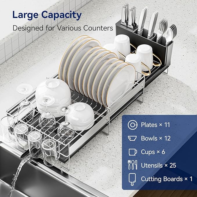 Stainless Steel Dish Drying Rack - Expandable Dish Racks for Kitchen Counter Organizer with Drain Board, Detachable Utensil & Cup Holder, Dish Drainer for Small Kitchen Counter, Black