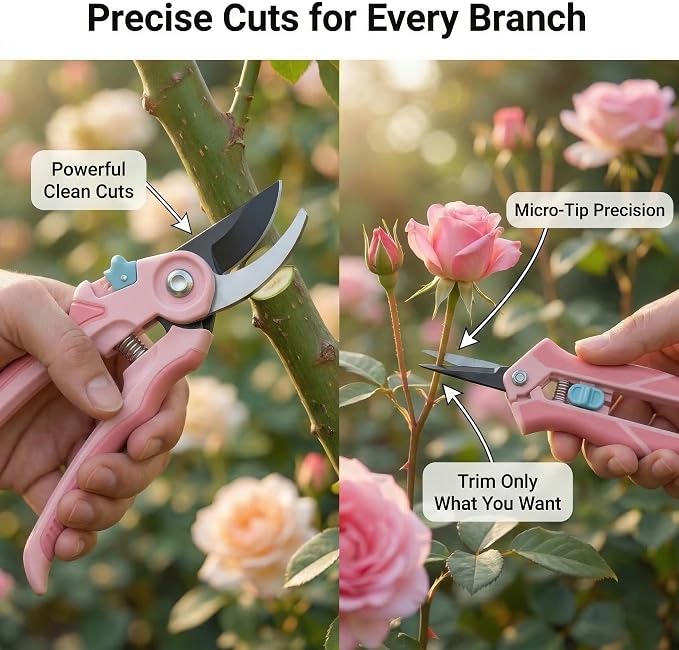 NEXON Pruning Shears 2-Pack — 8" Bypass Hand Pruner & 6.25" Precision Snips, SK5 Steel Blades with Non-Stick Coating, Lightweight Garden Shears for Roses, Flowers & Shrubs, Pink