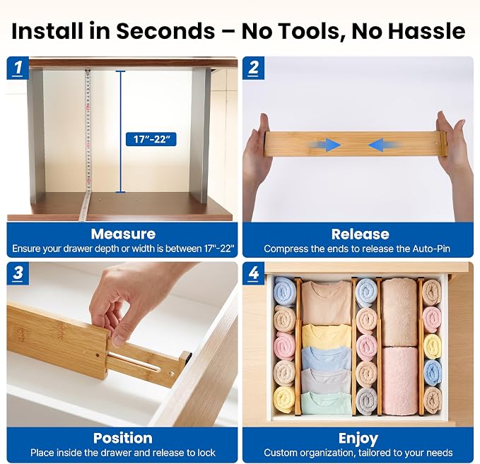 4 Pack 2.36" Bamboo Drawer Dividers, 17-22" Expandable Kitchen Organizers | Adjustable Spring-Loaded Tension Separators with Foam Pad for Clothes, Utensils, Kitchen, Dresser, Nursery & Bathroom