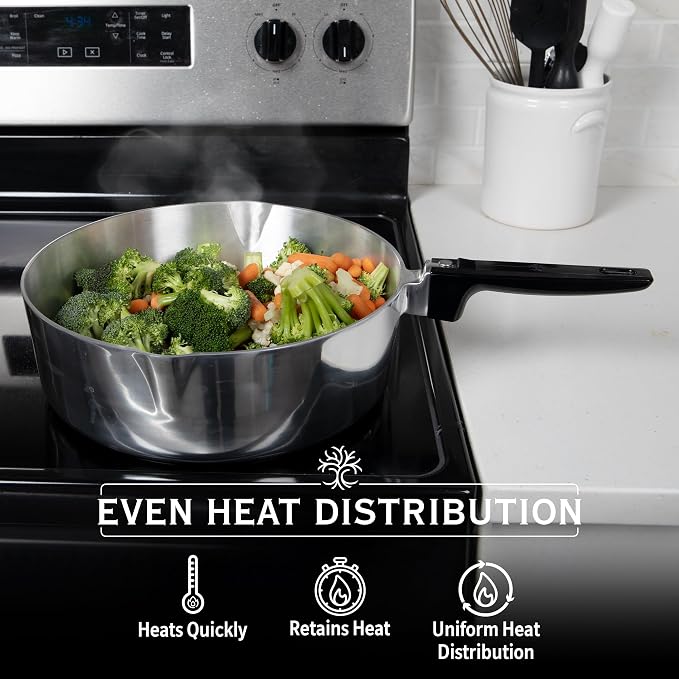 MAGNAWARE Cast Aluminum Sauté Pan with Lid 12 inch - Oven Safe Deep Frying Pan with Lid, Two Side Spouts and Ergonomic Stay-Cool Handle for Comfortable Grip and Pouring (4 Quart)