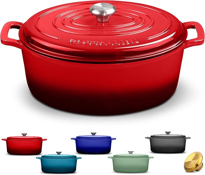 Signature Enameled Cast Iron Oval Dutch Oven | Non-Stick Serving Pot with Tight Fitting Lid for Perfect Roasting, Baking, Sauteing, and Bread Making | 6.75Q [Red]