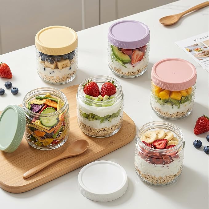 4 pack 16 oz Overnight Oats Containers with Lids, Glass Food Storage Container, Airtight Salad Jars, Mason Jars for Overnight Oats, Yogurt, Oatmeal, Salad, Coffee, Spices