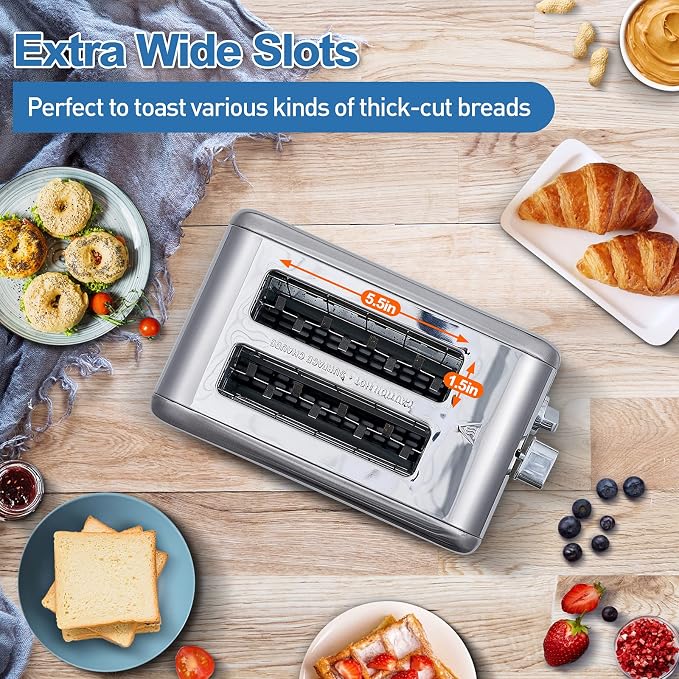 CUSIMAX 2 Slice Stainless Steel Toaster with Digital LED Display, Silver | 1.5" Wide Slots for Bagels & Thick Bread, Countdown Timer, 6 Browning Levels, Bagel/Defrost/Cancel, Removable Crumb Tray