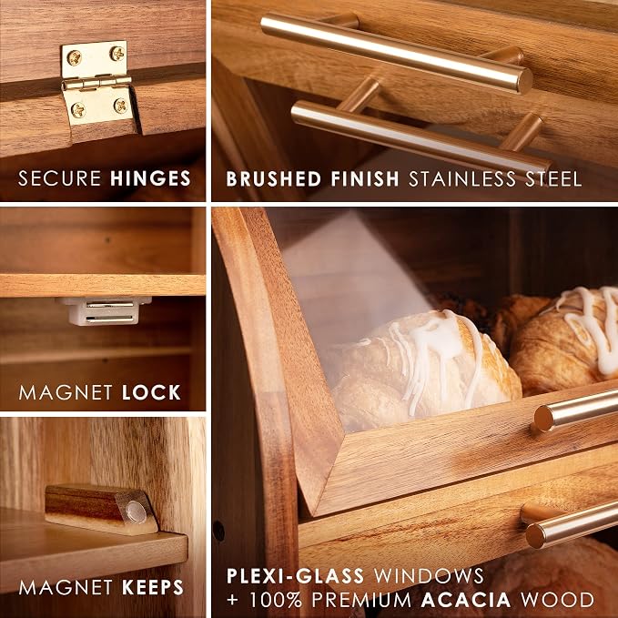 Arise Acacia Wooden Bread Box for Kitchen Countertop, Extra Large 2-Shelf | Bread Storage Container with Clear Windows & Air Vents, Bread Bin & Keeper, Keeps Bagels, Rolls & Buns Fresh, Self Assembly
