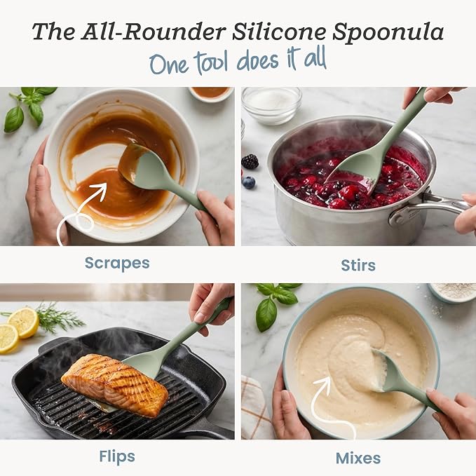 StarPack Silicone Spoonula The All-Rounder 11 Inch - LFGB Spoon Spatula, 600°F Heat Resistant, BPA-Free - One-Piece Seamless, Dishwasher Safe - for Nonstick Cookware, Sage Green