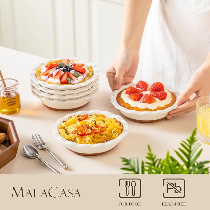 MALACASA Ceramic Mini Pie Pans Set of 6, 6 Inch Pie Plates for Baking with Ruffled Edge, Small Quiche Baking Dish Pans Tart Pans, Individual Pot Pie Plates, Microwave & Oven Safe, Khaki White | Khaki White Small Pie Plates for baking for Quiche, Tart, ...