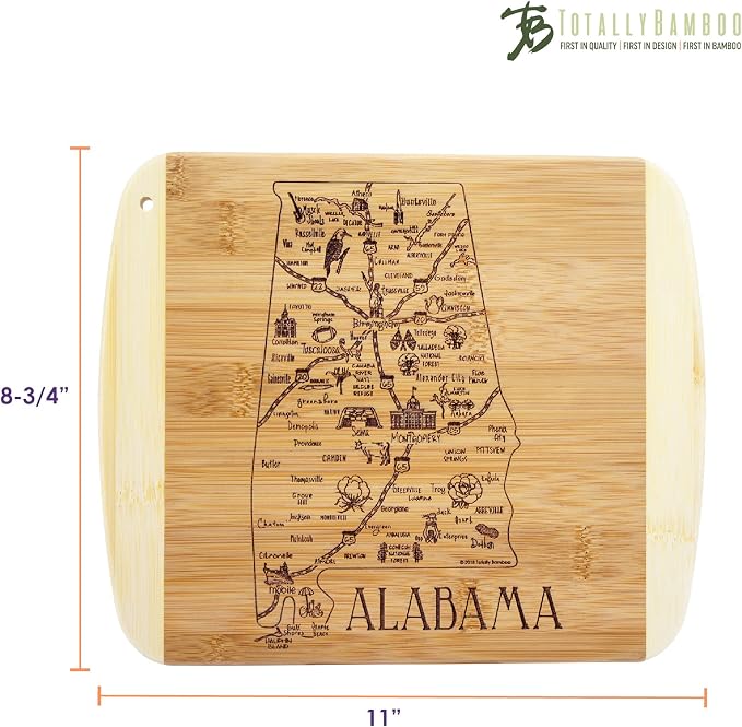 Totally Bamboo A Slice of Life Alabama Engraved Map Cutting Board | 11” x 8.75” charcuterie board with engraved state map artwork. Smooth reverse side for food prep. Hang tie for wall display.