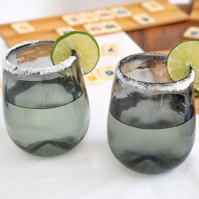 Organic Smoke Hand Blown Stemless Wine Glasses - 100% Recycled Mexican Glassware - Artisan Crafted Drinking Glasses for Cocktails, Tequila, or Water - Set of 6 (16 oz)