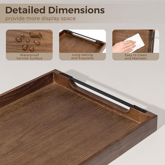 Wooden Serving Tray with Metal Handles|Ottoman Tray for Breakfast, Bed, Couch|17x13in Ash Wood Coffee Table Trays|Food Drinks Decorative Storage Boards for Ottoman Kitchen, Walnut